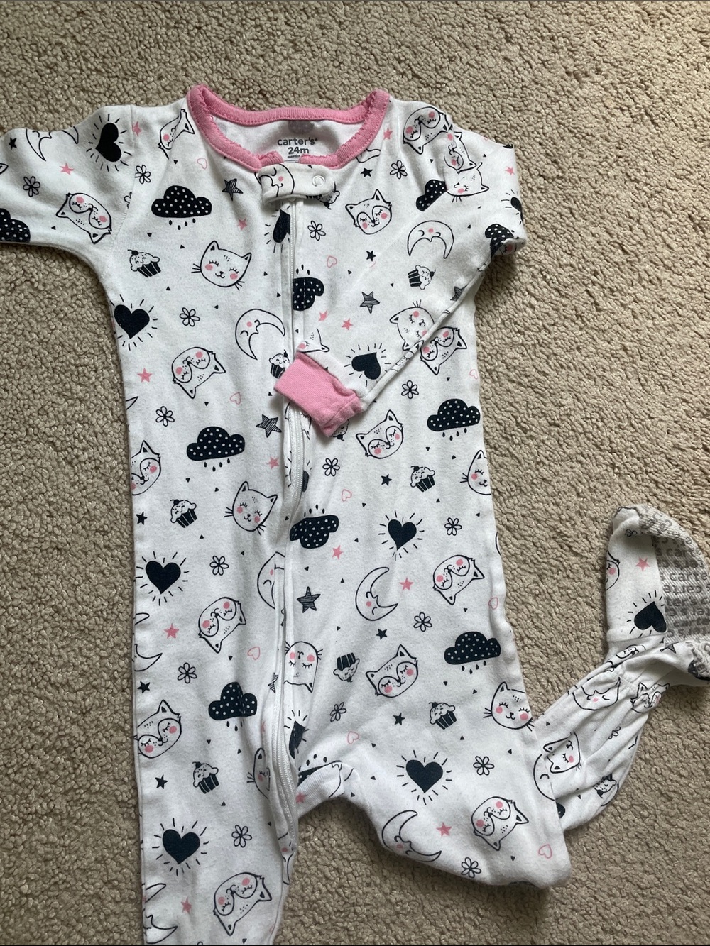 Carter's White Footed One-Piece Pajamas with Pink Trim and Cat Print